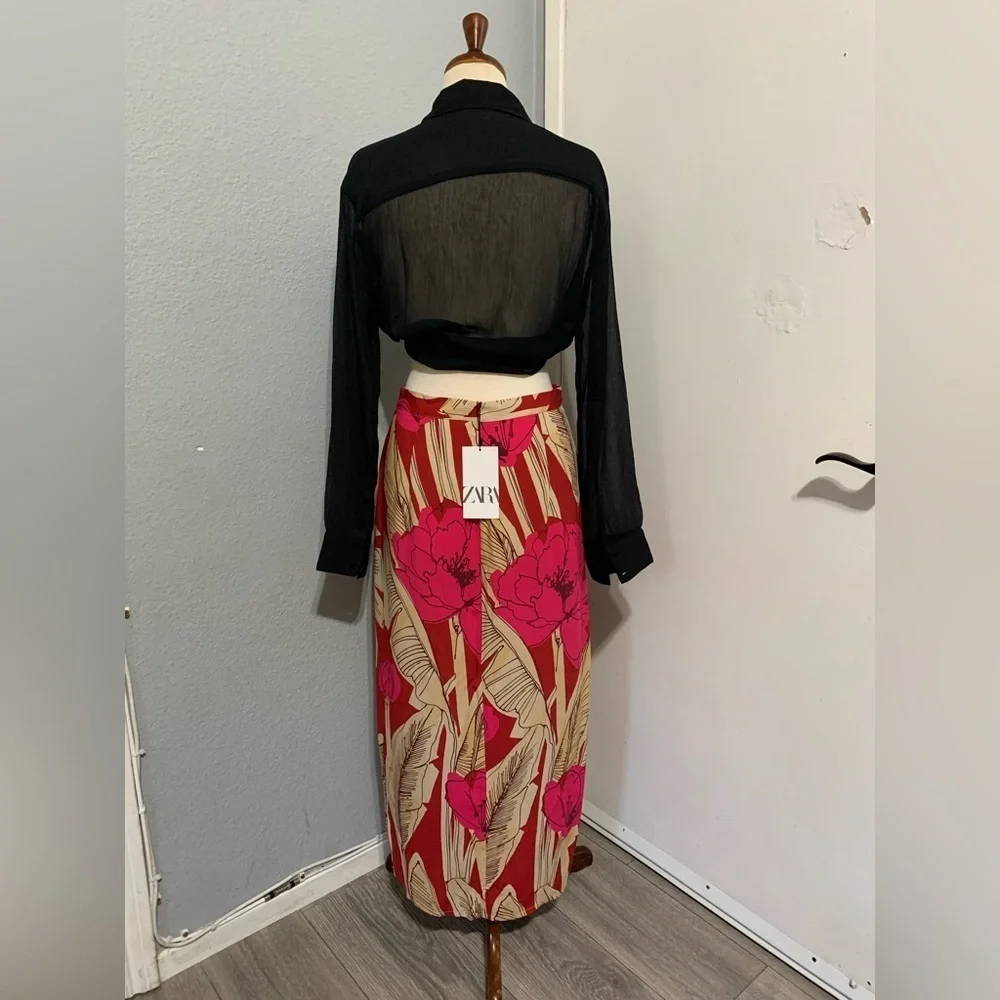 Zara New Women Bohemian Floral‎ Print High Waisted Midi Skirt Size M
